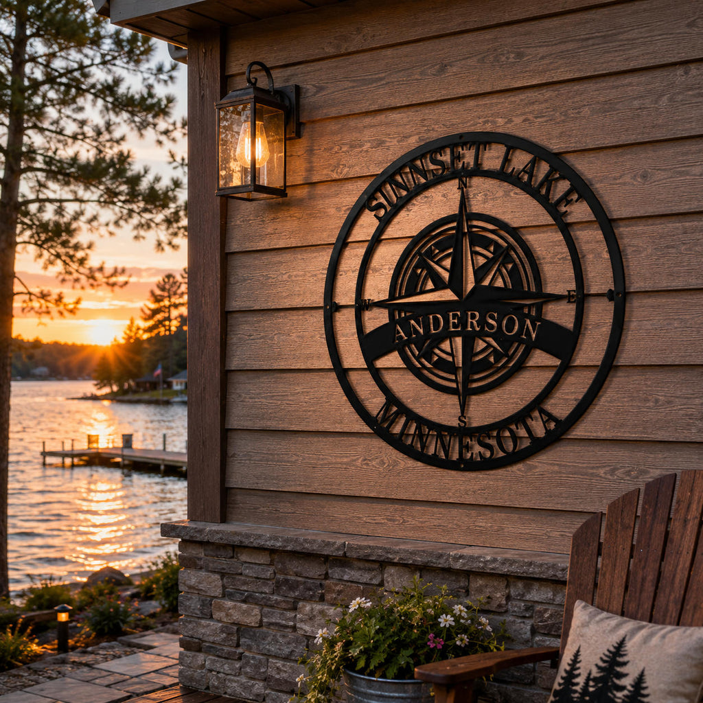 Personalized compass metal sign mounted on a lakeside cabin wall with sunset lake view