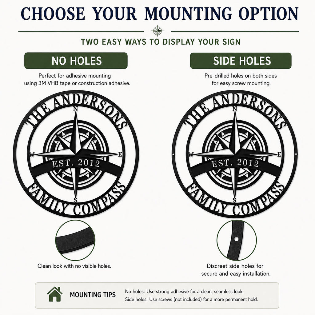 Comparison of no holes and side holes mounting options for custom compass metal sign