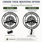 Comparison of no holes and side holes mounting options for custom compass metal sign
