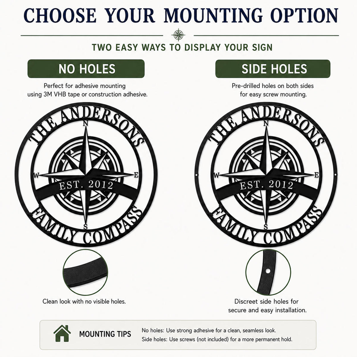 Comparison of no holes and side holes mounting options for custom compass metal sign