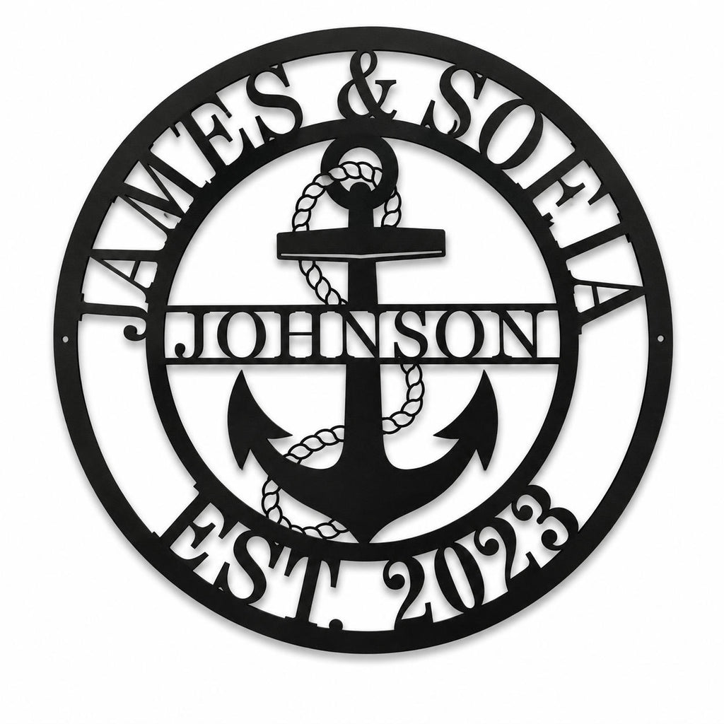 Custom nautical family name metal sign with anchor design on white background