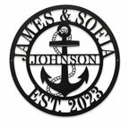 Custom nautical family name metal sign with anchor design on white background