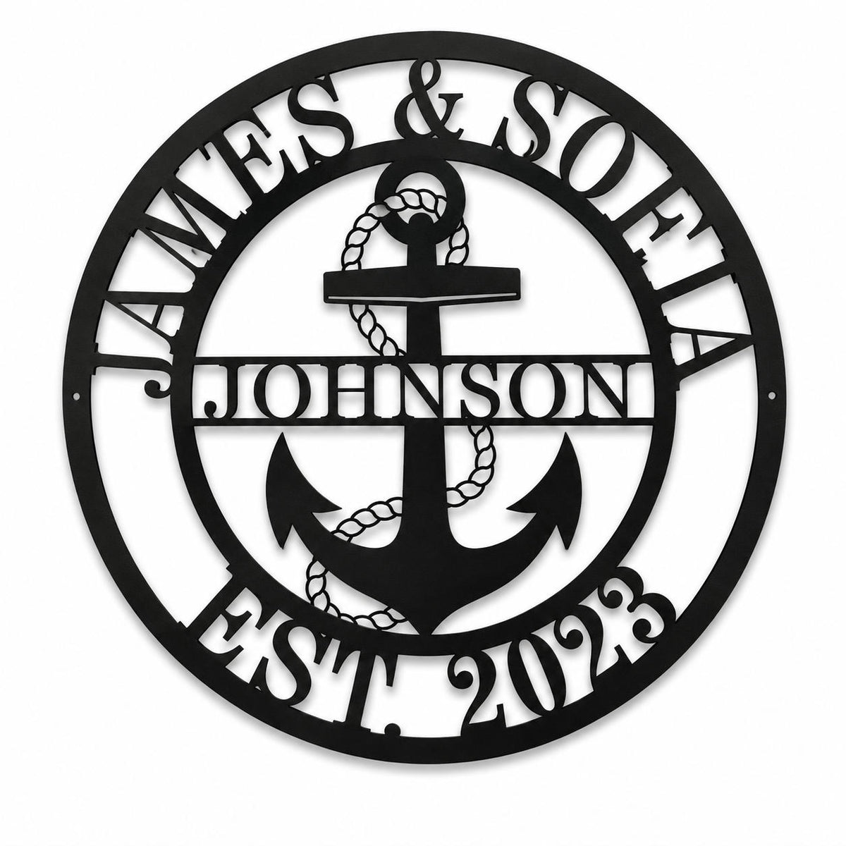 Custom nautical family name metal sign with anchor design on white background