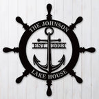 Custom metal lake house sign with ship wheel and anchor design, personalized with family name and EST year, nautical decor for home or cabin