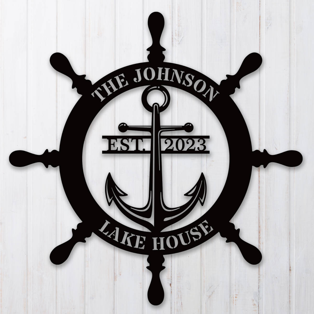 Custom metal lake house sign with ship wheel and anchor design, personalized with family name and EST year, nautical decor for home or cabin