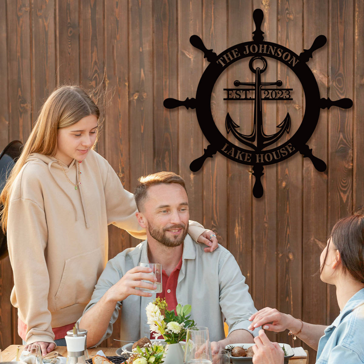 Custom metal lake house sign with ship wheel and anchor design, personalized with family name and EST year, nautical decor for home or cabin