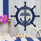 Custom metal lake house sign with ship wheel and anchor design, personalized with family name and EST year, nautical decor for home or cabin