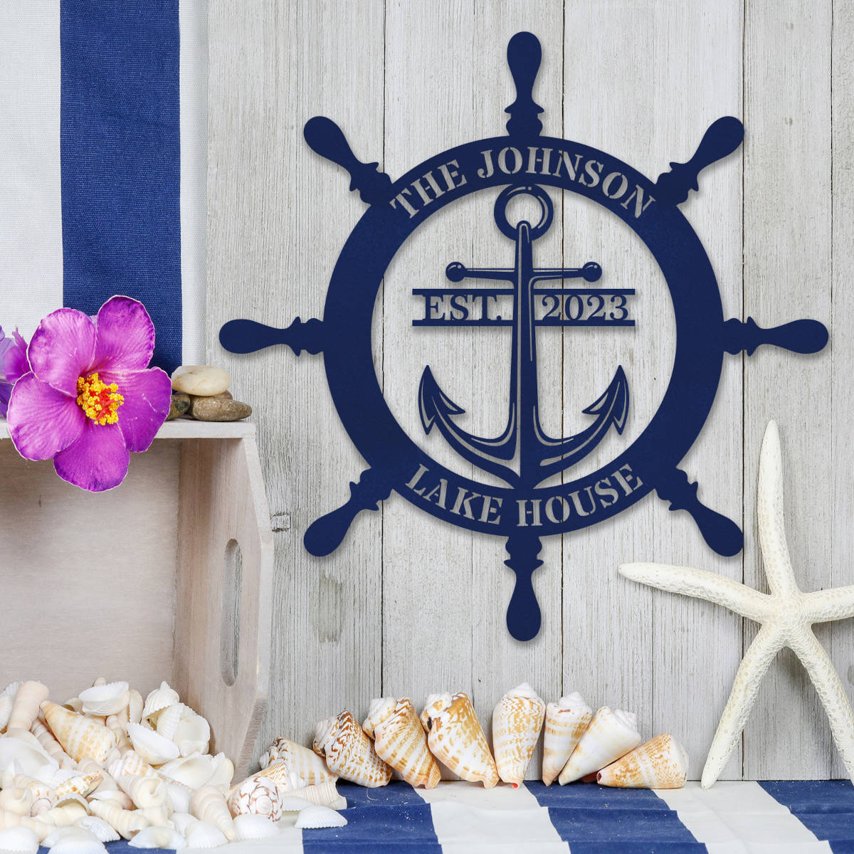 Custom metal lake house sign with ship wheel and anchor design, personalized with family name and EST year, nautical decor for home or cabin