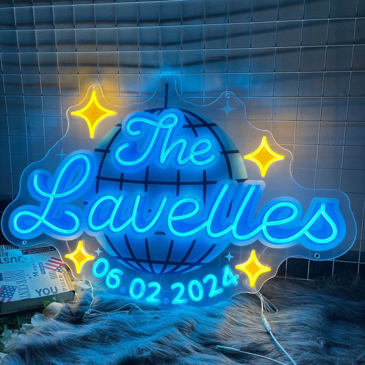 Custom ice blue neon name sign with personalized name and date, perfect for wedding or anniversary decoration Main image