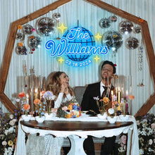 Custom ice blue neon name sign with personalized name and date, perfect for wedding or anniversary decoration