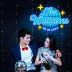 Custom ice blue neon name sign with personalized name and date, perfect for wedding or anniversary decoration