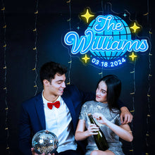 Custom ice blue neon name sign with personalized name and date, perfect for wedding or anniversary decoration