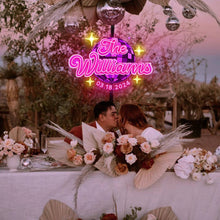 Custom pink neon name sign with personalized name and date, perfect for wedding or anniversary decoration