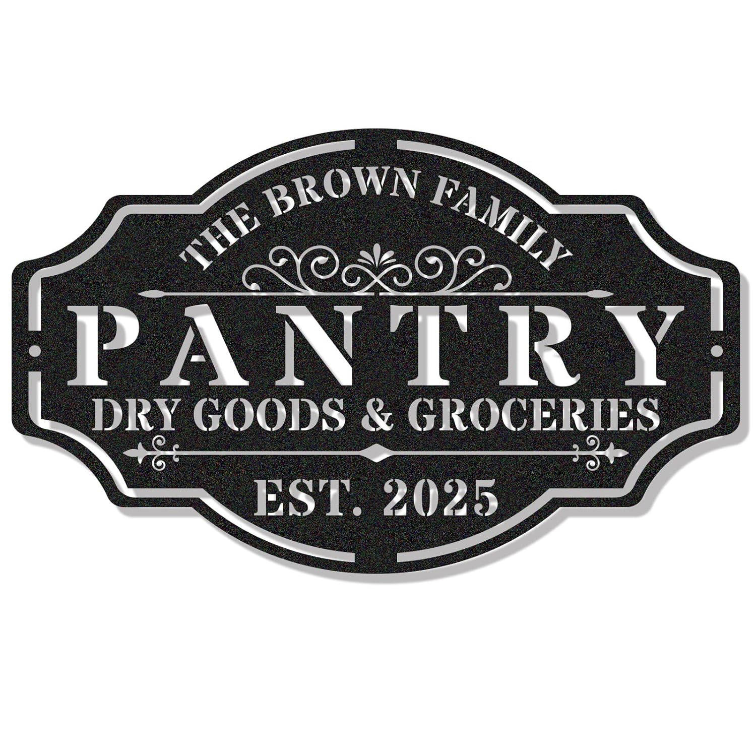 Custom black steel pantry sign with personalized text "The Brown Family Pantry Dry Goods & Groceries EST. 2025" with decorative vintage style Main image