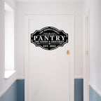 Custom black steel pantry sign with personalized text "The Brown Family Pantry Dry Goods & Groceries EST. 2025" with decorative vintage style