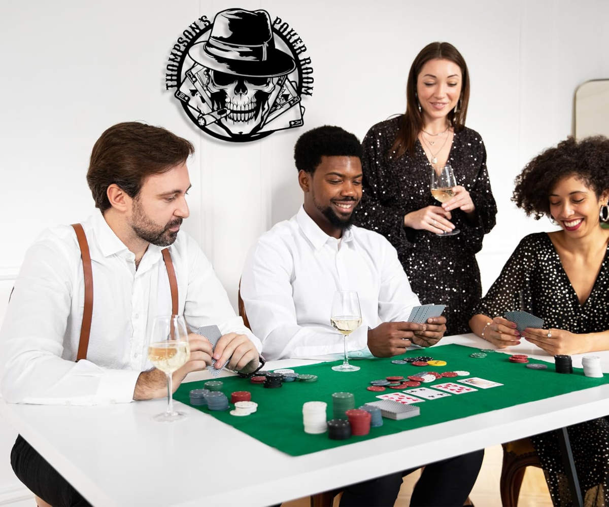 Custom poker room metal sign featuring skull with fedora, cigar, and playing cards — personalized laser-cut steel wall art for poker rooms, man caves, or bars.