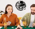 Custom poker room metal sign featuring skull with fedora, cigar, and playing cards — personalized laser-cut steel wall art for poker rooms, man caves, or bars.