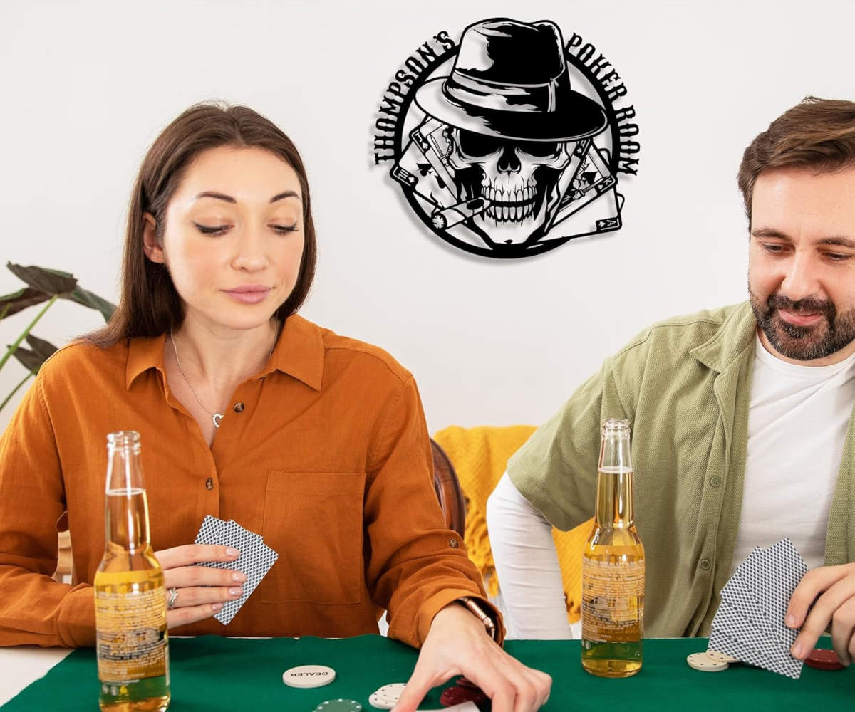 Custom poker room metal sign featuring skull with fedora, cigar, and playing cards — personalized laser-cut steel wall art for poker rooms, man caves, or bars.
