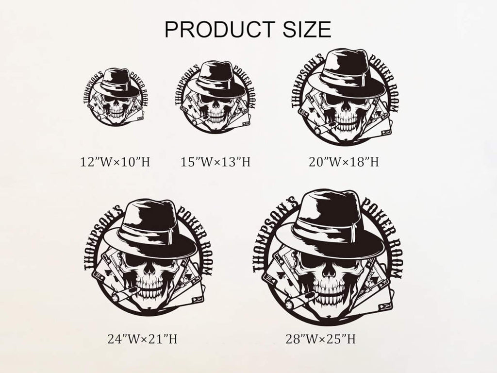 Custom poker room metal sign featuring skull with fedora, cigar, and playing cards — personalized laser-cut steel wall art for poker rooms, man caves, or bars.