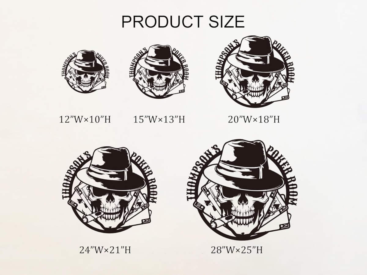 Custom poker room metal sign featuring skull with fedora, cigar, and playing cards — personalized laser-cut steel wall art for poker rooms, man caves, or bars.
