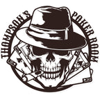 Custom poker room metal sign featuring skull with fedora, cigar, and playing cards — personalized laser-cut steel wall art for poker rooms, man caves, or bars.