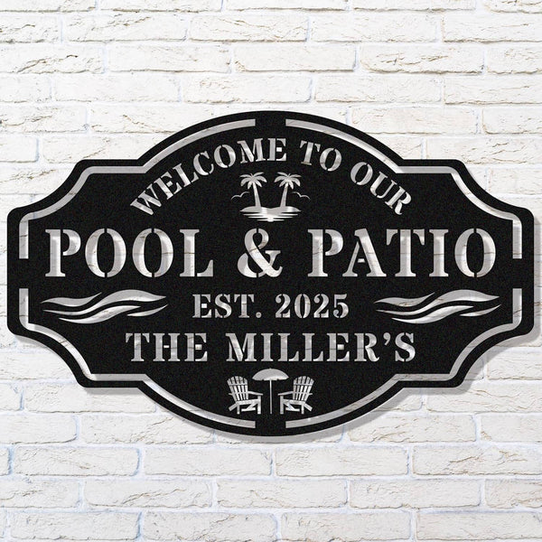 Personalized pool and patio metal sign with family name and EST year, laser-cut from steel, ideal for outdoor backyard decor.