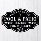 Decorative sign for pool and patio with personalized name and year on a white wooden background