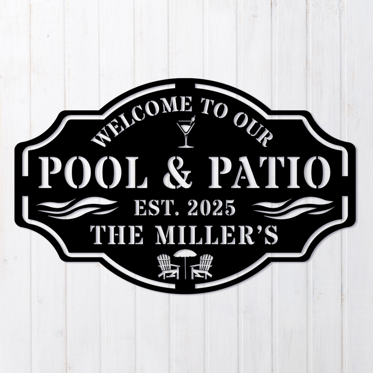 Decorative sign for pool and patio with personalized name and year on a white wooden background