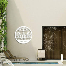 Custom Pool Metal Sign with personalized text and relaxing poolside design, laser-cut from premium steel and powder-coated for outdoor durability.