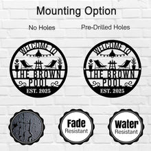 Custom Pool Metal Sign with personalized text and relaxing poolside design, laser-cut from premium steel and powder-coated for outdoor durability.