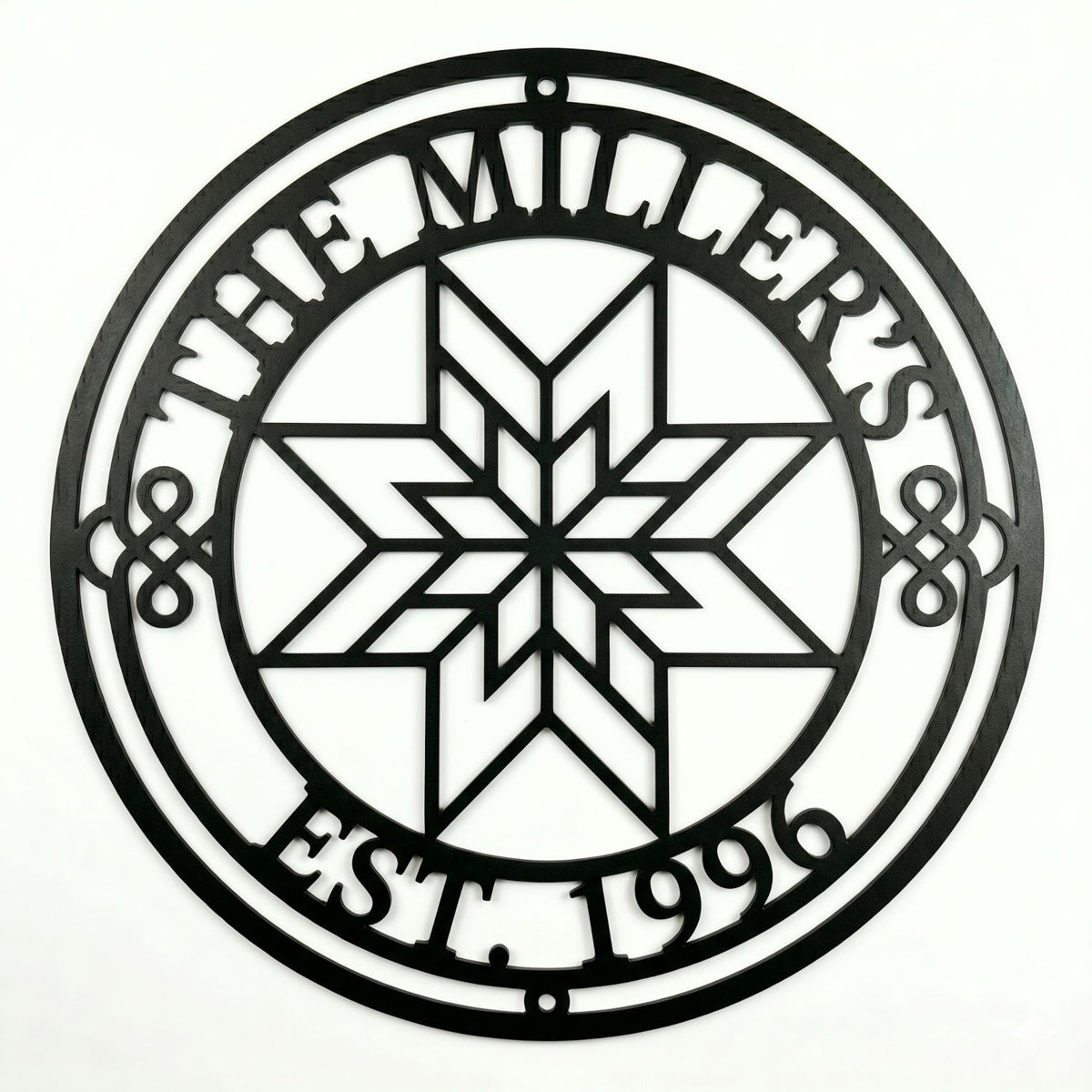 Geometric Quilt Star Pattern Family Name Metal Wall Sign with 'THE MILLER'S' and 'EST. 1996' Text and Knot Details Main image