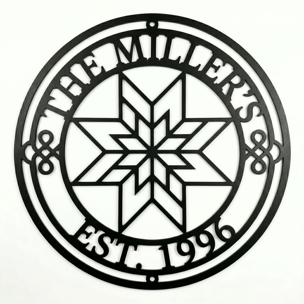 Geometric Quilt Star Pattern Family Name Metal Wall Sign with 'THE MILLER'S' and 'EST. 1996' Text and Knot Details