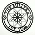 Geometric Quilt Star Pattern Family Name Metal Wall Sign with 'THE MILLER'S' and 'EST. 1996' Text and Knot Details