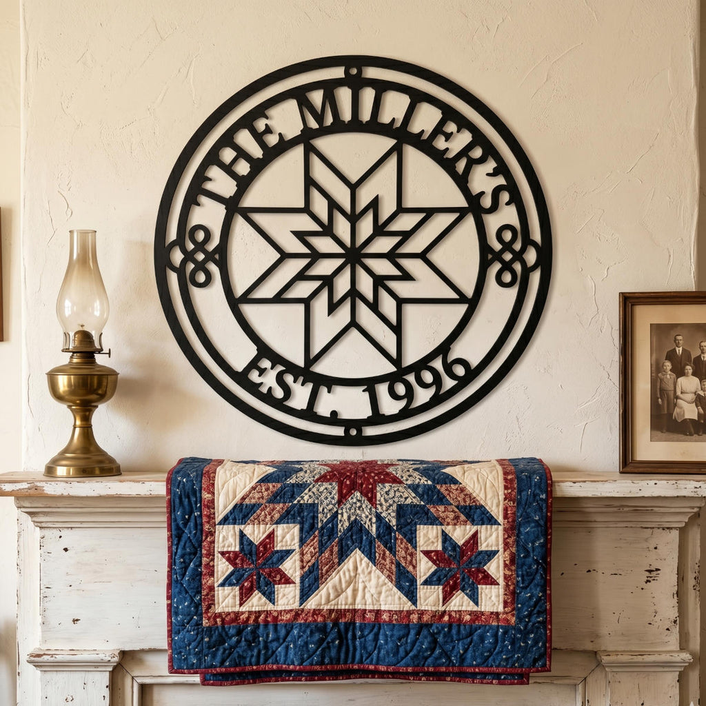 Geometric Quilt Star Pattern Family Name Metal Wall Sign with 'THE MILLER'S' and 'EST. 1996' Text and Knot Details
