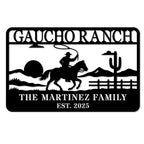 Personalized ranch metal sign with cowboy on horseback design, custom western family name wall decor made from laser-cut powder-coated steel