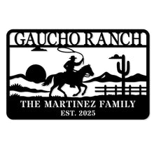 Personalized ranch metal sign with cowboy on horseback design, custom western family name wall decor made from laser-cut powder-coated steel