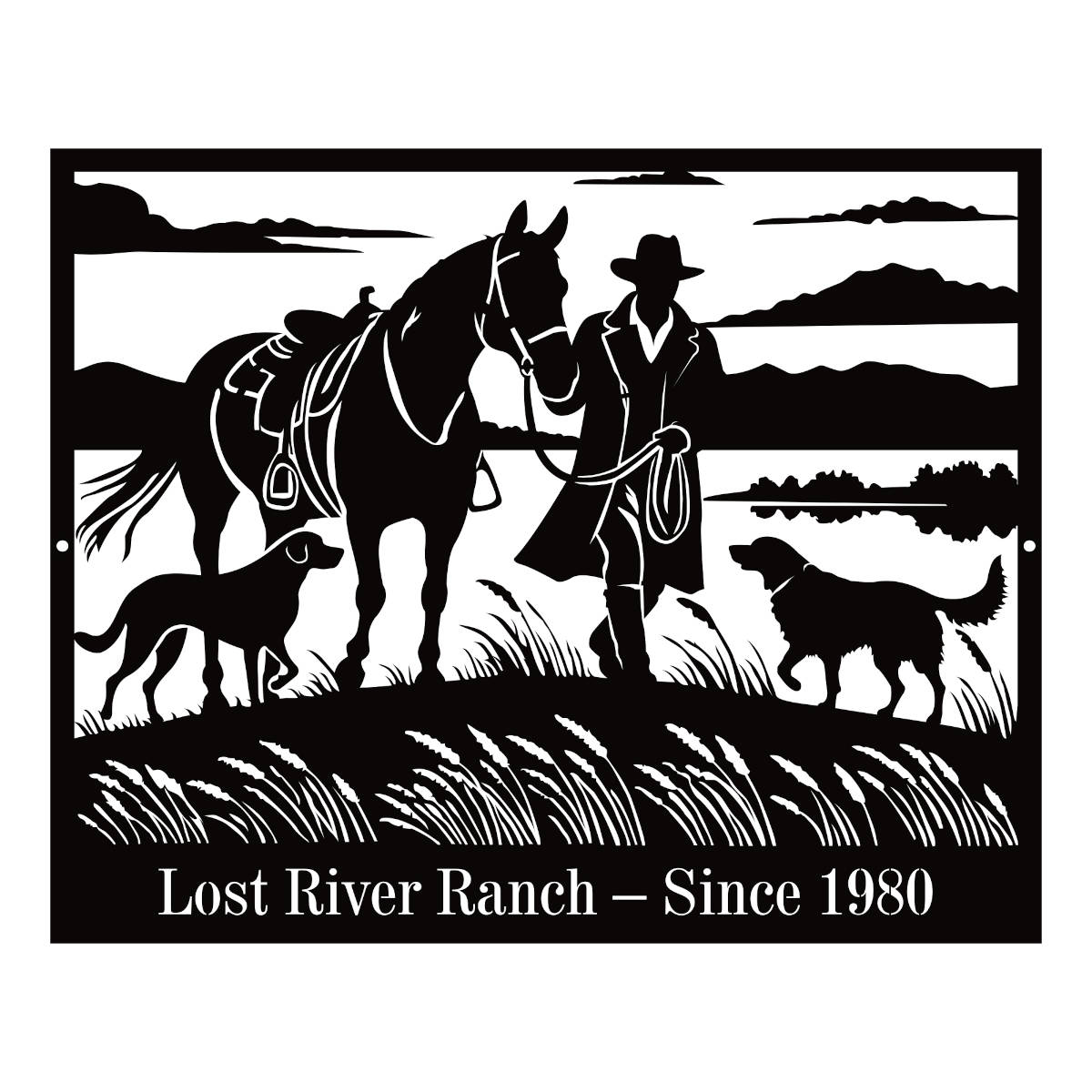 Custom ranch metal sign featuring a Western silhouette of a rancher leading a horse with dogs, personalized name and established year, laser cut steel wall decor for ranch or farmhouse Main image