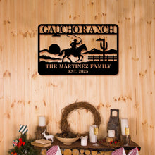 Personalized ranch metal sign with cowboy on horseback design, custom western family name wall decor made from laser-cut powder-coated steel