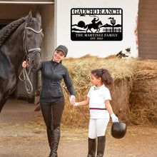 Personalized ranch metal sign with cowboy on horseback design, custom western family name wall decor made from laser-cut powder-coated steel