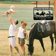 Personalized ranch metal sign with cowboy on horseback design, custom western family name wall decor made from laser-cut powder-coated steel
