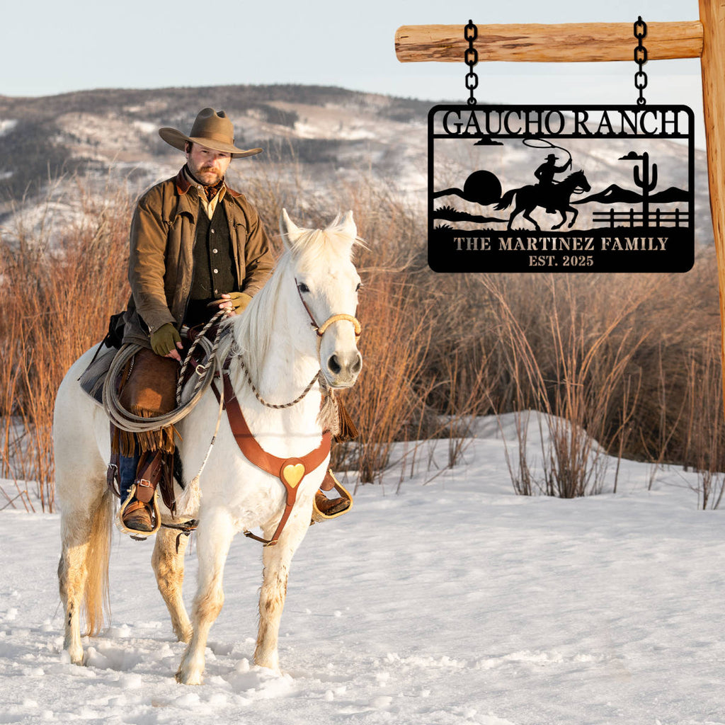 Personalized ranch metal sign with cowboy on horseback design, custom western family name wall decor made from laser-cut powder-coated steel