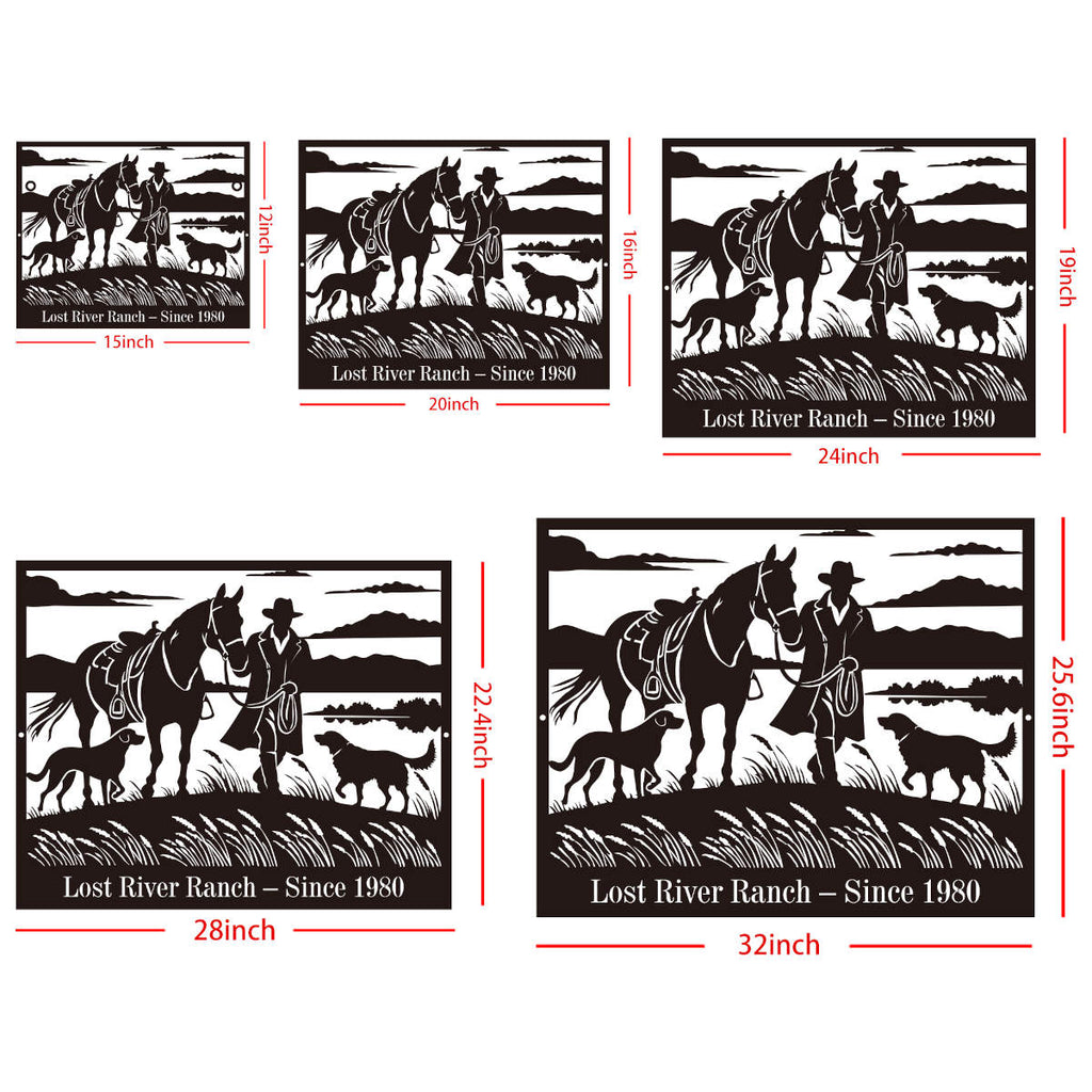 Custom ranch metal sign featuring a Western silhouette of a rancher leading a horse with dogs, personalized name and established year, laser cut steel wall decor for ranch or farmhouse