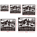 Custom ranch metal sign featuring a Western silhouette of a rancher leading a horse with dogs, personalized name and established year, laser cut steel wall decor for ranch or farmhouse