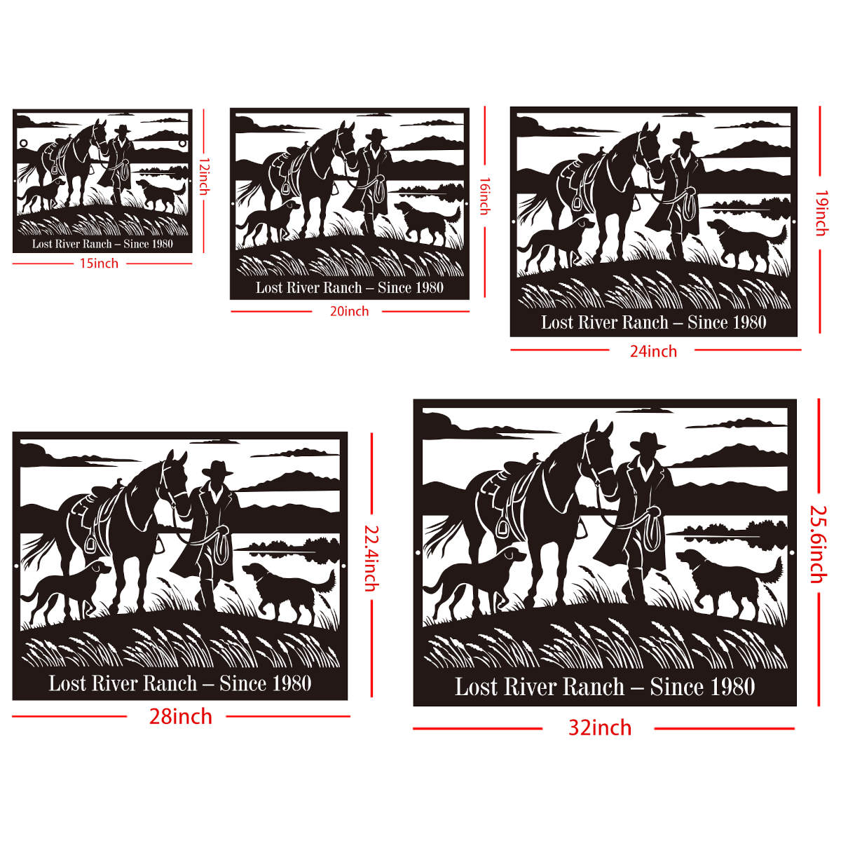 Custom ranch metal sign featuring a Western silhouette of a rancher leading a horse with dogs, personalized name and established year, laser cut steel wall decor for ranch or farmhouse