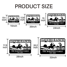 Personalized ranch metal sign with cowboy on horseback design, custom western family name wall decor made from laser-cut powder-coated steel