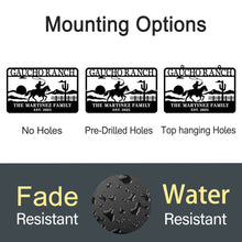 Personalized ranch metal sign with cowboy on horseback design, custom western family name wall decor made from laser-cut powder-coated steel