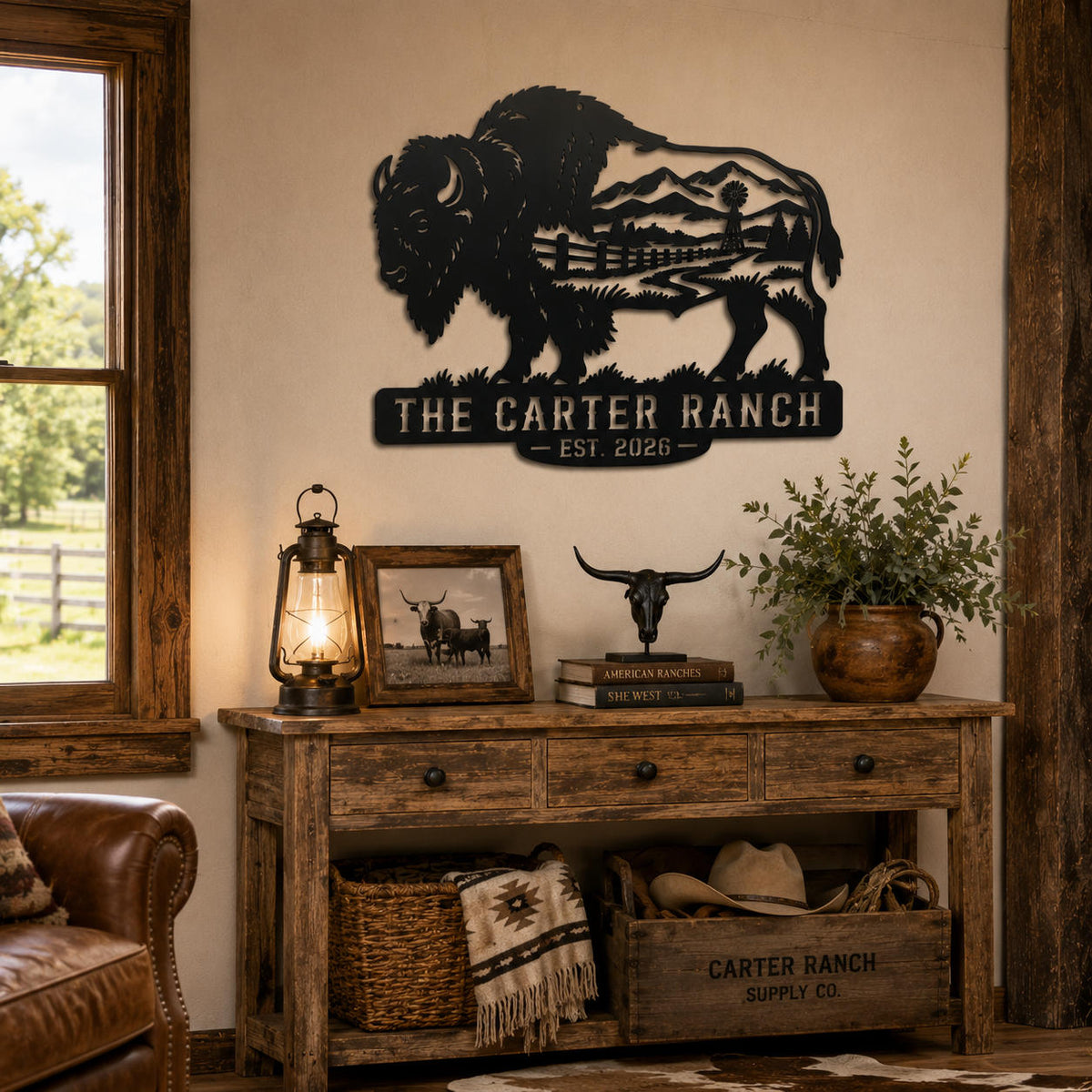 Custom buffalo ranch metal wall sign displayed in a warm rustic Western home.