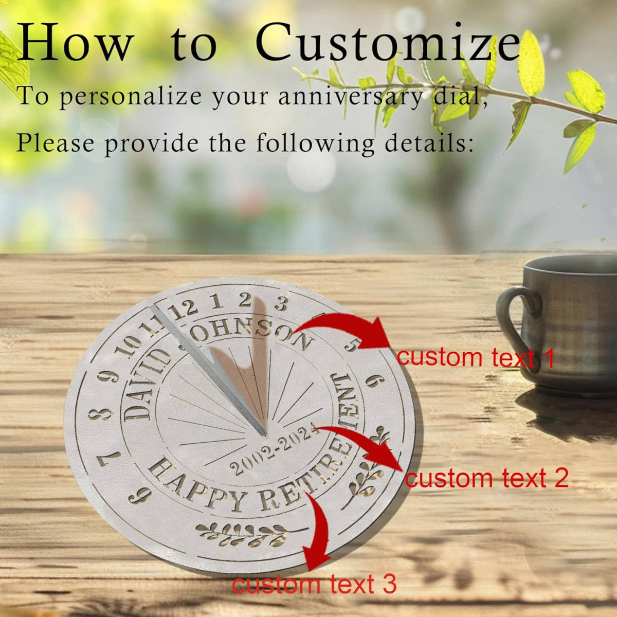 Personalized silver metal sundial with custom text "DAVID JOHNSON HAPPY RETIREMENT 2002-2024" and a central gnomon, designed for outdoor garden decoration.