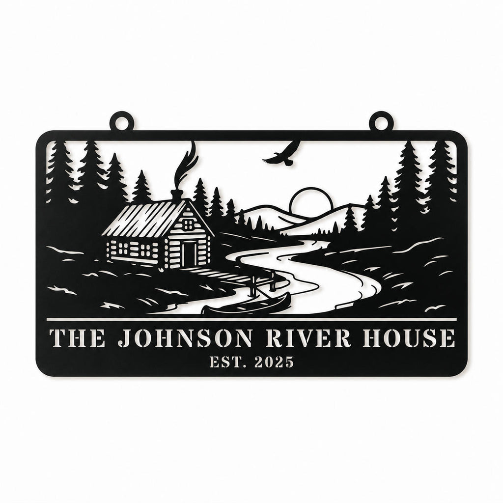 Custom river house metal sign with cabin, river, canoe and forest design on a clean white background.