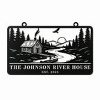 Custom river house metal sign with cabin, river, canoe and forest design on a clean white background.